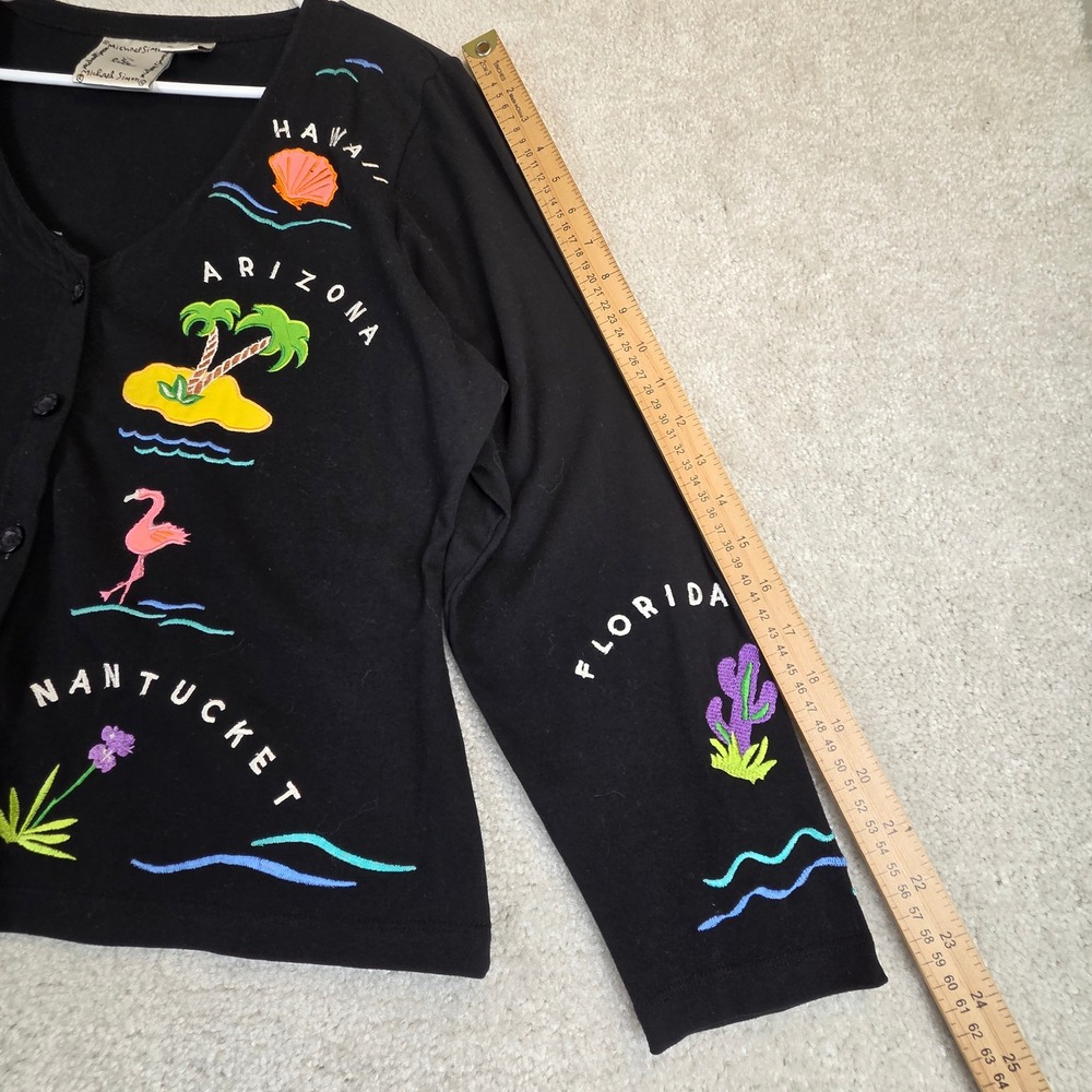 VTG Michael Simon Lite Womens Black Embroidered Vacation Cardigan P/M - Picture 7 of 8